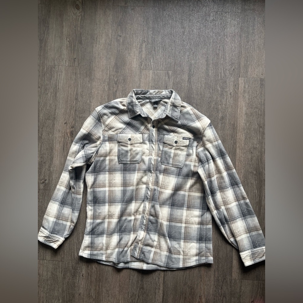 Eddie Bauer Men's Cream and Gray Plaid Shirt